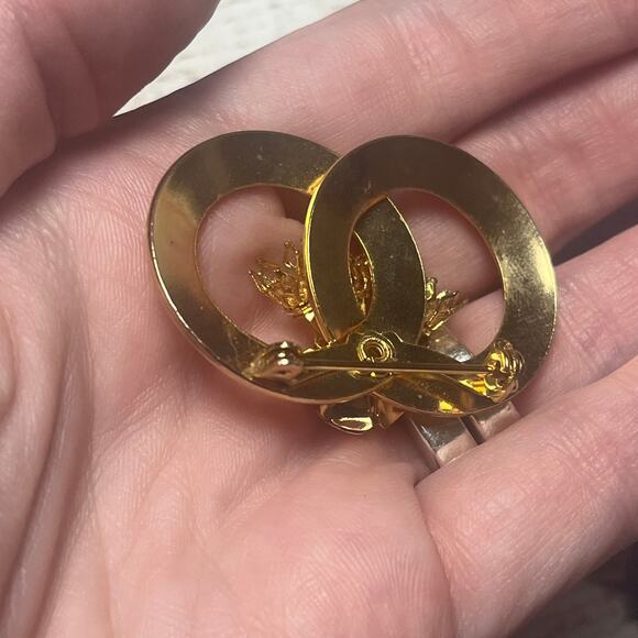 Vintage gold tone double circle flower bouquet faux pearl brooch pin D2 - Picture 6 of 8